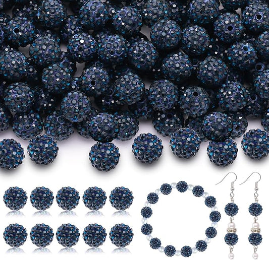 105pcs 10mm Rhinestone Beads for Jewelry Making, Blue Black Shiny Round Disco Ball Beads Bulk, Sparkle Crystal Clay Christmas for Bracelet Baseball Necklace Earring Crafting and DIY-BubblyBeeBaby