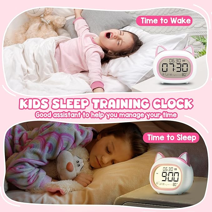 Kids Alarm Clock with Night Light for Kids, Small Digital Alarm Clocks for Bedrooms, Routine Builder, Cute Cat Alarm Clock with Sleep Training, Snooze, 12/24H, Date & Day, Temperature, USB Port-BubblyBeeBaby