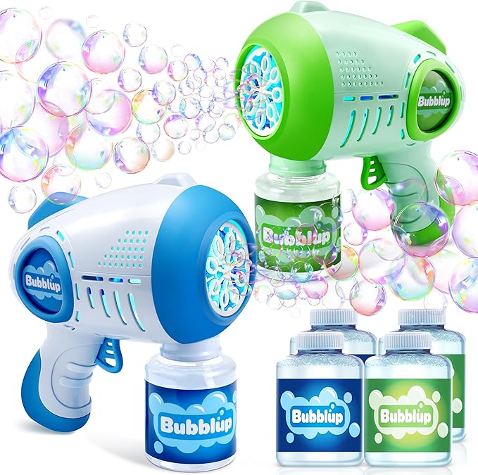 JOYIN 2 Kids Bubble Guns with 4 Bottles Solution, Automatic Bubble Machine Gun with 8 Holes for Kids, Adults, Summer Toys, Easter Basket Stuffers, Birthday Gift, Party Favors-BubblyBeeBaby