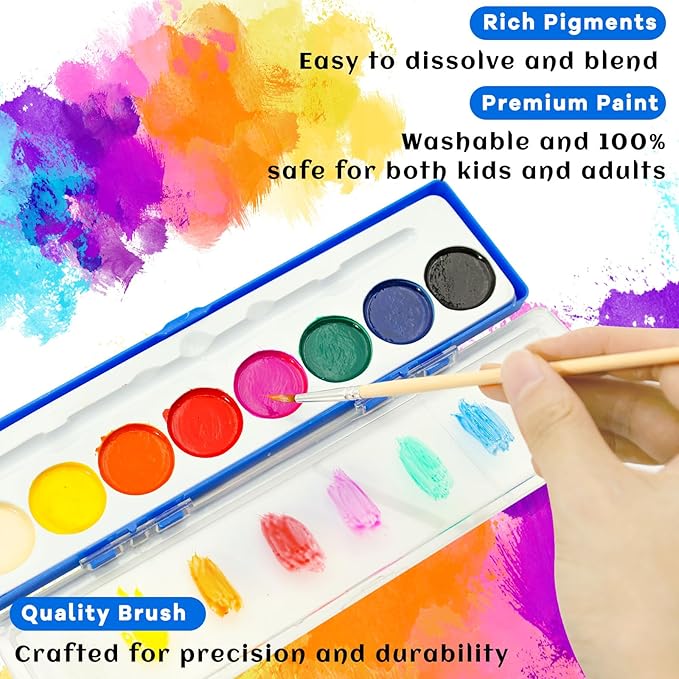 24 Pack Watercolor Paint Set for Kids - 8 Washable,Bright Colors with Paintbrush Watercolor Paint Bulk for Kids Party Favors,Classrooms Supplies,Art Lessons-BubblyBeeBaby