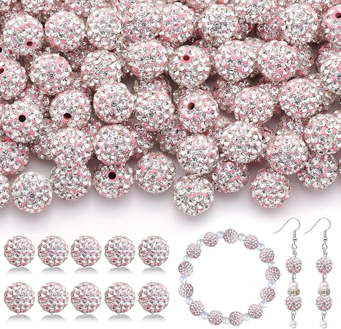 160pcs 10mm Rhinestone Beads for Jewelry Making, Pink White Shiny Round Disco Ball Beads Bulk, Sparkle Crystal Clay Christmas for Bracelet Baseball Necklace Earring Crafting and DIY-BubblyBeeBaby