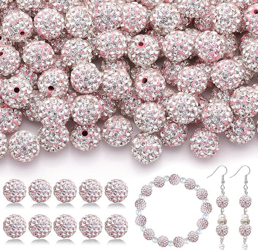 105pcs 10mm Rhinestone Beads for Jewelry Making, Pink White Shiny Round Disco Ball Beads Bulk, Sparkle Crystal Clay Christmas for Bracelet Baseball Necklace Earring Crafting and DIY-BubblyBeeBaby