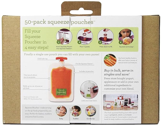 Infantino Disposable Squeeze Pouches - Pack of 50 Disposable Pouches for Portable Homemade semi-Solid Food for Babies and Toddlers, BPA and PVC Free, Freezer Safe-BubblyBeeBaby