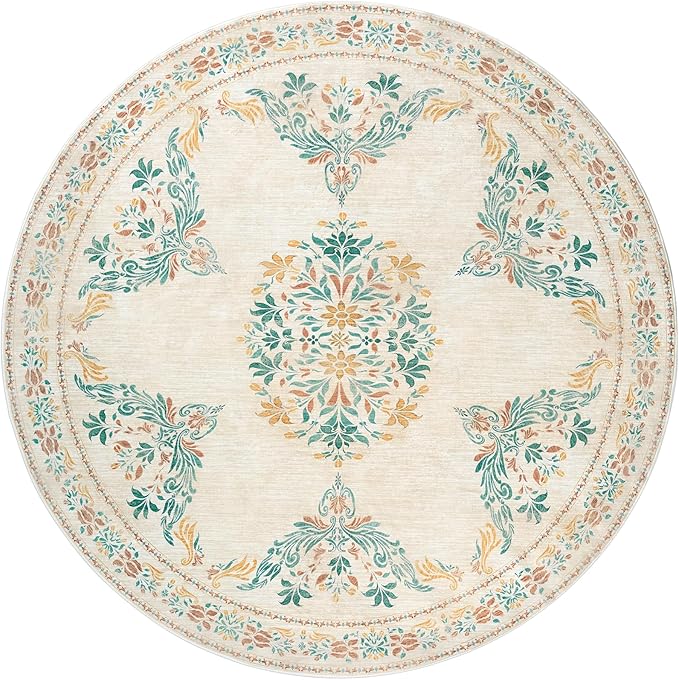 jinchan Round Rug 7ft Area Rugs,Vintage Floral Distressed Design Machine Washable Soft Non-Slip Low-Pile Ultra-Thin Circle Rug for Living Room Dining Room Bedroom Home Office (7' Round,Apricot Multi)-BubblyBeeBaby