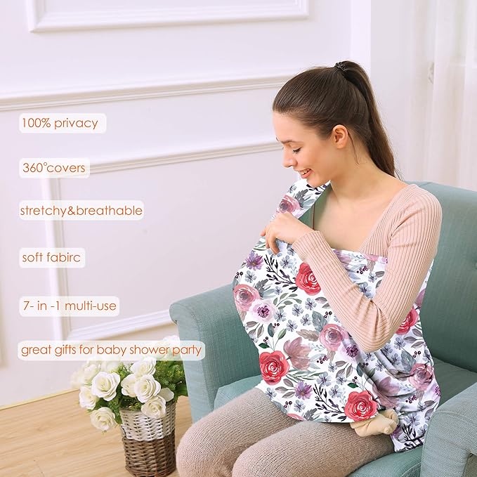 Multi-use Canopy Breastfeeding Cover - Car Seat Canopy for Babies, Stretchy Carseat Cover, Boys and Girls Shower Gift (Purple Flower)-BubblyBeeBaby