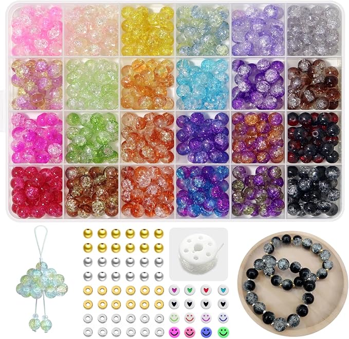 JULIMAIDONG 8mm Glass for Bracelets, 24 Colors Round Crystal Glass Bracelet Making Kit for Jewelry Making Kits Bead DIY Crafts with Spacer Charms Accessories (8MM, 24 Crackle Color)-BubblyBeeBaby