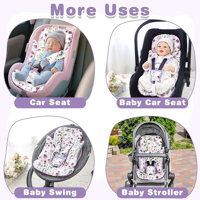3-in-1 Infant Car Seat Insert, Soft Head and Body Support,Ultra & Strap Covers Set, Reversible Newborn Car Seat Cushion Pad for Baby Boy & Girl fits Stroller, Swing, Bouncer (Purple Flowers)-BubblyBeeBaby