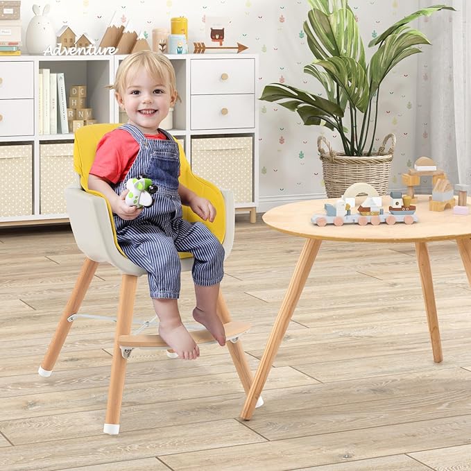 HONEY JOY High Chair, 3-in-1 Eat & Grow Wooden Highchair/Booster Seat/Toddler Chair with Removable Tray, 5-Point Harness, PU Cushion and Footrest for Baby, High Chair for Babies and Toddlers Yellow-BubblyBeeBaby