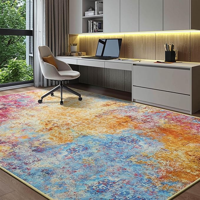 Kelarea Living Room Rug, 5x7 Modern Abstract Washable Rugs, Colorful Non Slip Low Pile Carpet, Stain Resistant Rugs for Bedroom, Dining Room, Nursery, Home Office-BubblyBeeBaby