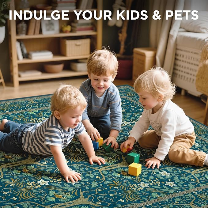 Joydeco Washable Area Rugs 5x7, Boho Floral Dining Room Rug Non Slip, Soft Low-Pile Botanical Forest Indoor Floor Throw Carpet for Living Home Office Playroom Foyer, Dark Blue-BubblyBeeBaby