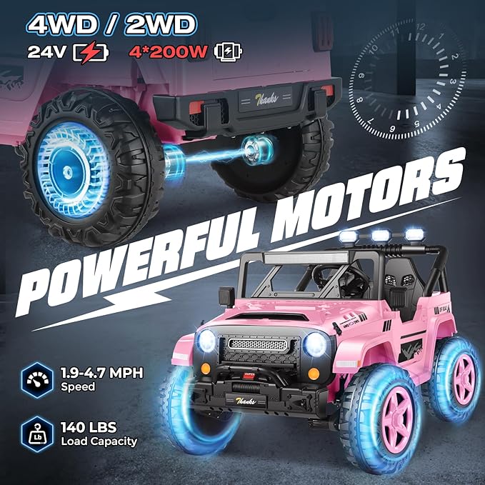 Hikole 24V Ride on Toys for Kids - 4WD/2WD Switchable 2 Seater Kids Electric Car with 4x200W Motors, Remote Control, 3 Speeds, LED Lights, MP3 Player, Safety Belt, Gift for Girls, Pink-BubblyBeeBaby
