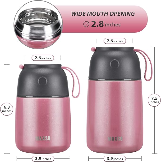 Insulated Thermo Food Jar for Hot & Cold Food for Kids Adult, 17&24 oz Soup Thermal Hot Food Containers for Lunch, Triple Layer Insulation Stainless Steel Food Jar with Spoon (2 Pack Pink)-BubblyBeeBaby
