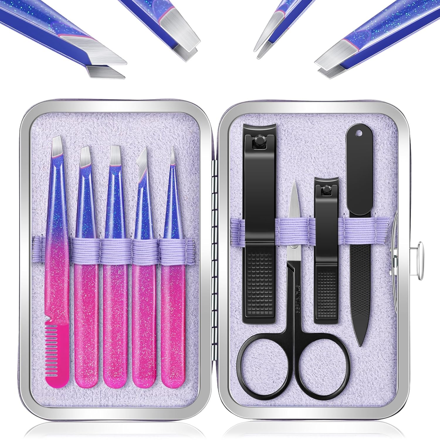 MORGLES Eyebrow Tweezers for Women and Nail Clipper Set with Travel Case Precision Tweezers for Facial & Ingrown Hair Removal with Scissors