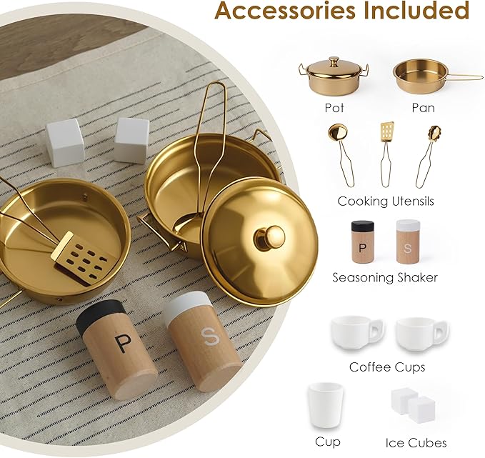 Interactive Wooden Play Kitchen for Kids 3+ Realistic Stove Sounds & Ice Maker Pretend Playset with 12 Kitchen Accessories Montessori Toy-BubblyBeeBaby