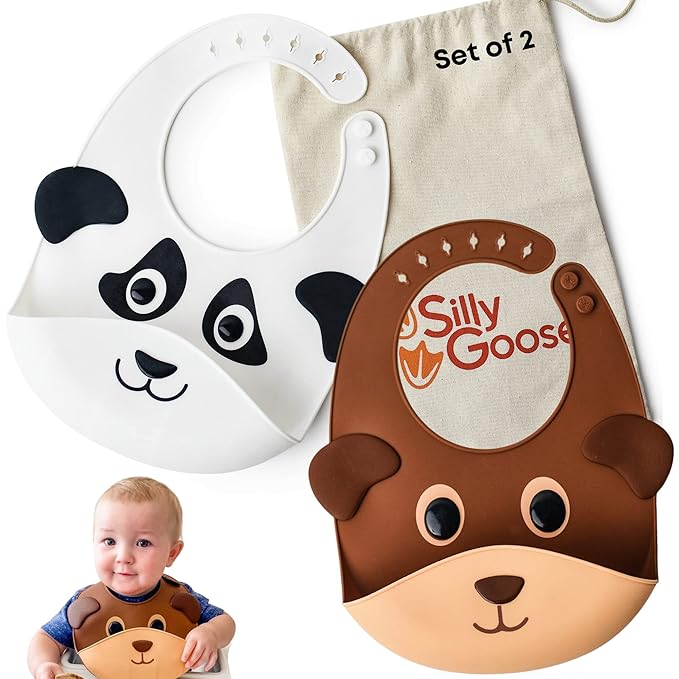 Silly Goose Set of 2 Silicone Animal Baby Bibs for Babies and Toddlers, Waterproof, Adjustable, Soft, Extra Wide Food Catcher Pocket (2PK Panda+Bear)-BubblyBeeBaby