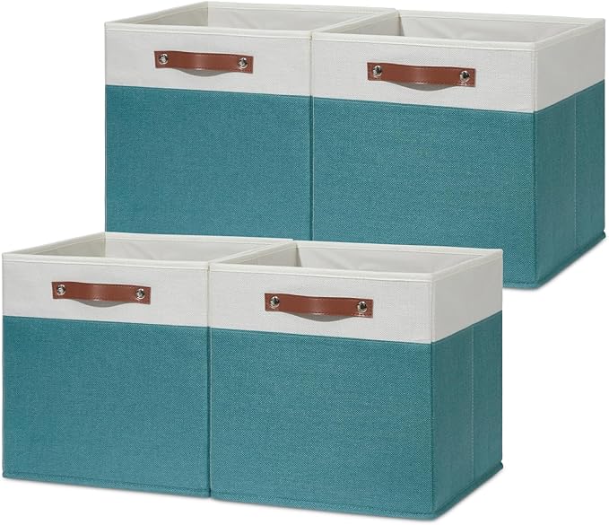 HNZIGE Fabric Storage Bins for Shelves 13x13 Storage Cubes Set Of 4 Foldable Storage Baskets with Handles for Organizing Cloth Closet Toy Nursery(Teal&White)-BubblyBeeBaby