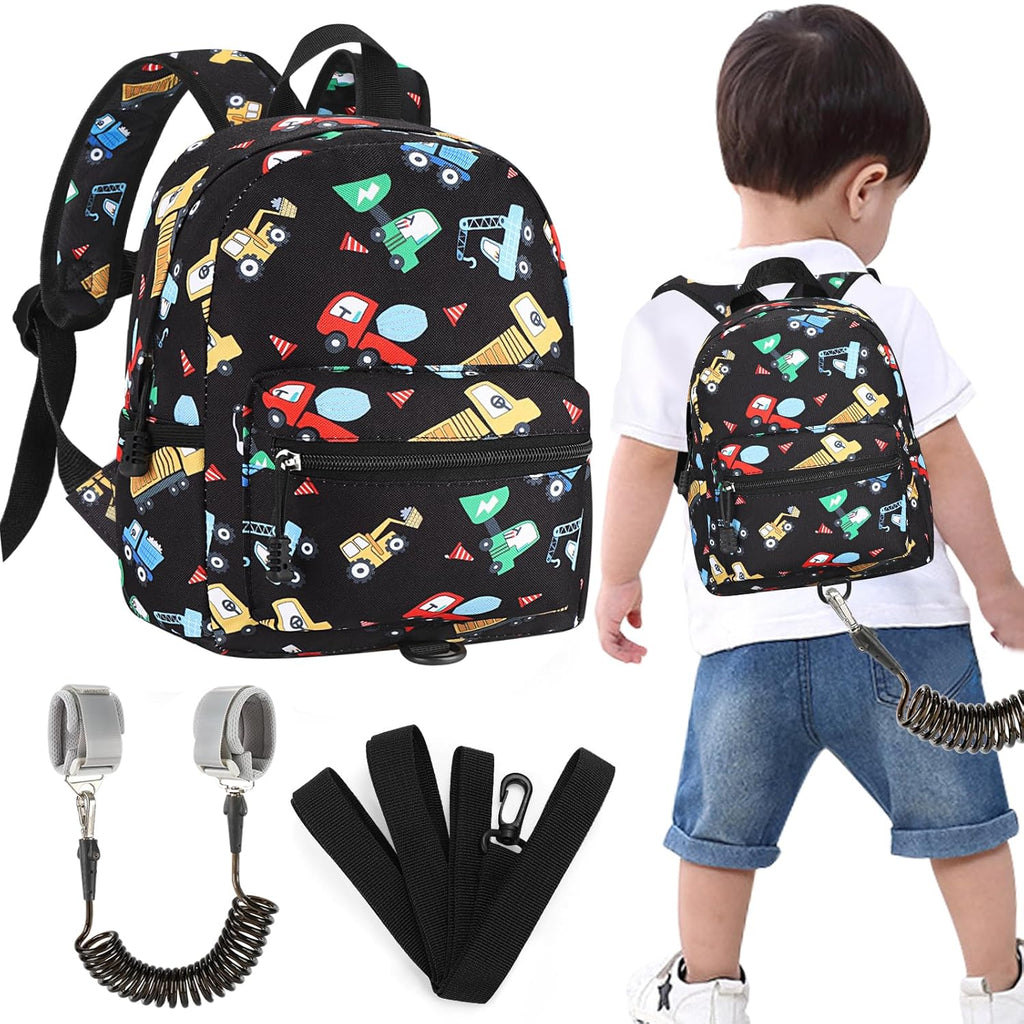 Accmor Toddler Harness Backpack Leash, Cute Excavator Kids Backpack with Anti Lost Wrist Link for Outdoor Walking, Mini Black Child Backpack Wristband Tether Leashes for Boys Girls Aged 1-3 Years Old