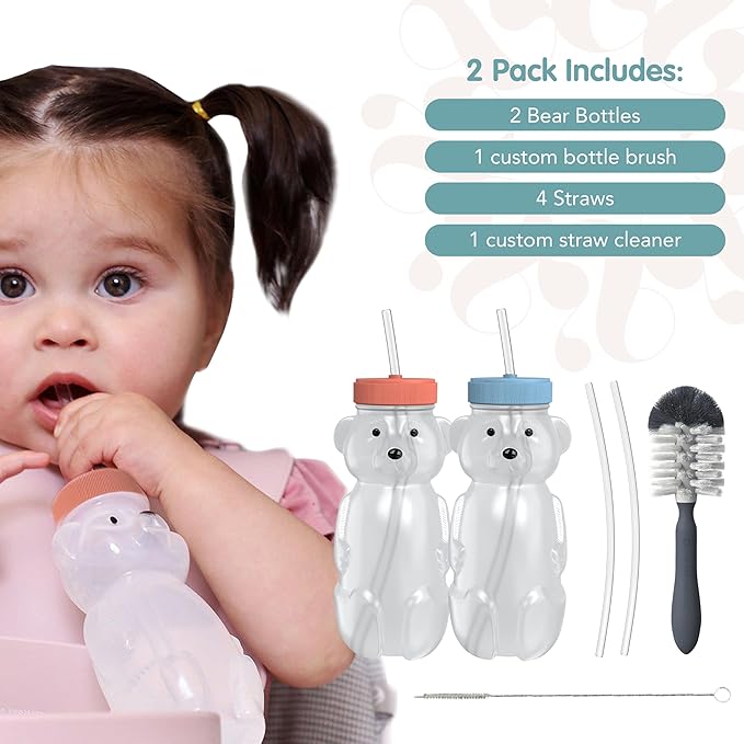 Honey Bear Straw Cup for Babies, 8oz Honey BearCup with Bottle Brush, 2-Pack Improved Lid Therapy Learning Honeybear Straw Cup for Baby Blueberry Pie & Firetruck-BubblyBeeBaby
