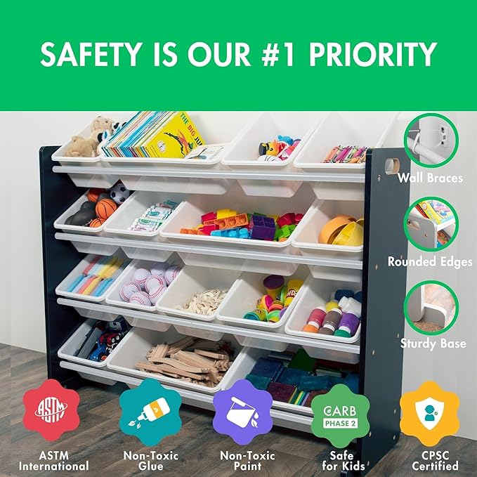 Humble Crew Supersized Toy Storage Organizer with 16 Removable Bins, Black/White – Large Toy Storage for Toddlers Ideal for Kids' Rooms, Playrooms, and Nurseries - Modern Toy Bins for Kids-BubblyBeeBaby