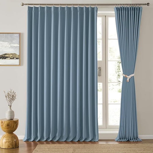 KEQIAOSUOCAI Dusty Blue Pleat Wide Width Drapes 80 x 84 inch Long 2 Panels - Thermal Insulated Room Divider Curtains for Bedroom/Living Room/Patio, Pinch Pleated Curtain Panel with Hooks-BubblyBeeBaby
