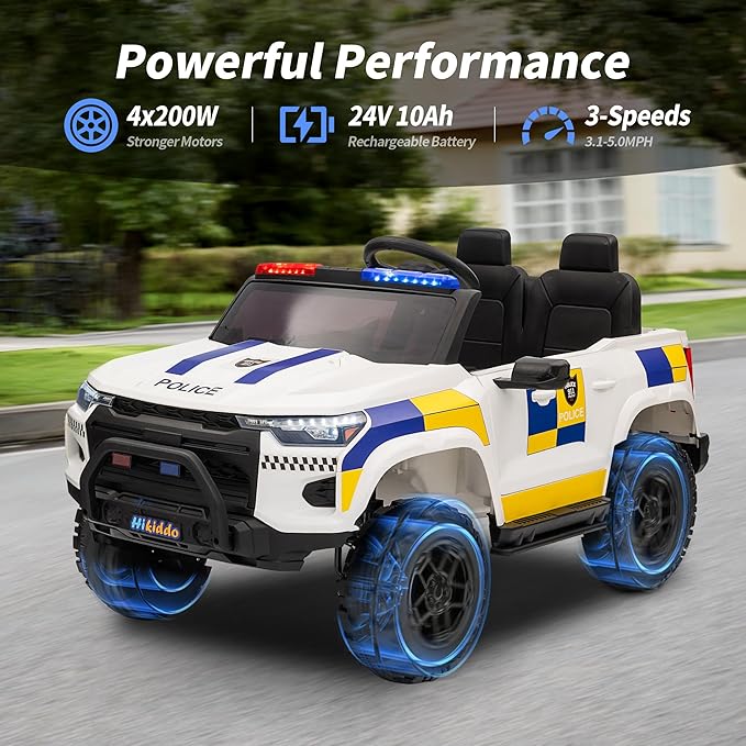 24V 10Ah Electric Police SUV Car Ride-On Toy for Big Kids, 4WD 2-Seater w/Parental Remote Control, 5Mph Max Speed - White-BubblyBeeBaby