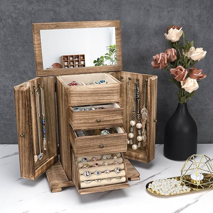 Jewelry Box for Women, Rustic Wooden Jewelry Boxes & Organizers with Mirror, 4 Layer Jewelry Organizer Box Display for Rings Earrings Necklaces Bracelets (Rustic Brown)-BubblyBeeBaby