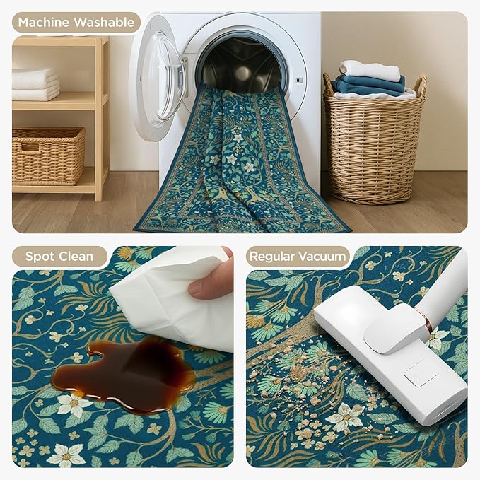 Joydeco Washable Large Area Rug 8x10, Boho Floral Rugs for Living Room Non Slip, Soft Low-Pile Botanical Forest Indoor Floor Throw Carpet for Dining Home Office Playroom, Dark Blue-BubblyBeeBaby