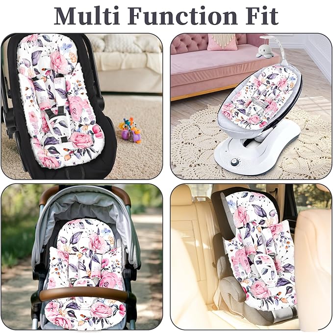 Pea Pod Infant Car Seat Insert with 3 Strap Covers, 3 in 1 Reversible Floral Baby Car Seat Head Support for Newborn, 3D Soft Minky Carseat Cushion for Preemie to Infant, Stroller, Swing, Bouncer-BubblyBeeBaby