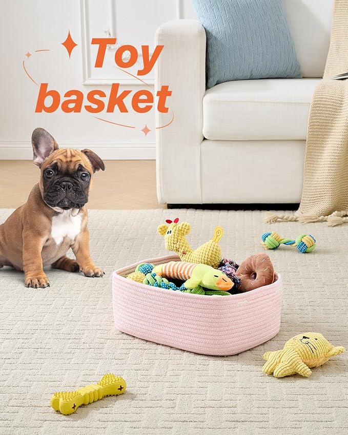 KALLAX Small Woven Basket, 13.5 x 9.5 x 5 Inches, Storage Basket for Organizing, Cute Small Rope Shelf Closet Cube Storage Bins Baskets for Shelves, Dog Toy Gift Baskets Empty, 3 Pack Light Pink-BubblyBeeBaby