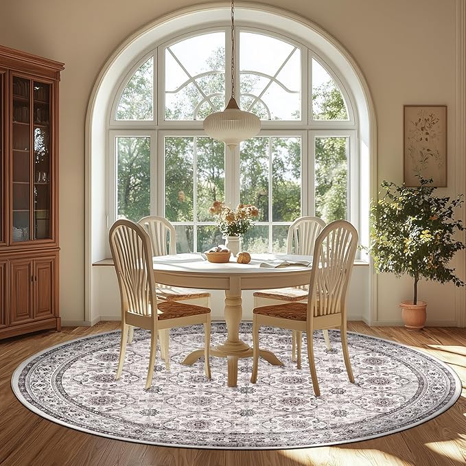 jinchan Round Rug 8ft Washable Circle Soft Rug - Low Pile Vintage 8'Round Indoor Beige Floral Print Stain Resistant Boho Carpet Ultra-Thin Non-Slip for Living Room Bedroom Dining Room Kitchen-BubblyBeeBaby