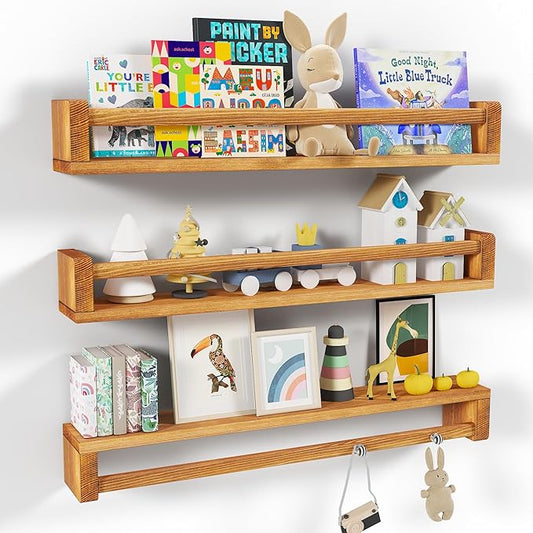 Heimlove Nursery Floating Shelves - 32 inch Solid Wood Wall Mounted Book Shelves for Kids, Set of 3-BubblyBeeBaby