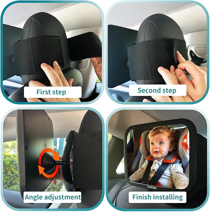 Funbliss Fixed Headrest Baby Car Mirror, Car Mirror for Baby Compatible with Tesla and other vehicles,360° Rotation, Shatterproof Plastic, No Assembly Required-BubblyBeeBaby