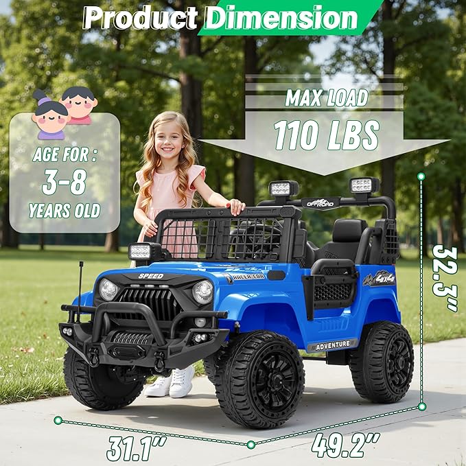 2 Seater Ride On Car Truck with Remote Control XL, Kids 24V Battery Powered Electric Vihicle w/21 in Seat, 3 Speeds, 2WD/4WD Switichable, Shock Absorbers,Bluetooth, Flower, Gift Choice-BubblyBeeBaby