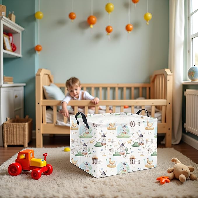 HIYAGON Rectangular Baby Basket for Boys Kids Baby Storage Basket Toy Storage Bin Organizer Box Room Decor(Farm)-BubblyBeeBaby