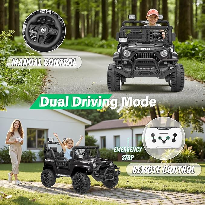 2 Seater Ride On Car Truck with Remote Control XL, Kids 24V Battery Powered Electric Vihicle w/21 in Seat, 3 Speeds, 2WD/4WD Switichable, Shock Absorbers,Bluetooth, Flower, Gift Choice-BubblyBeeBaby