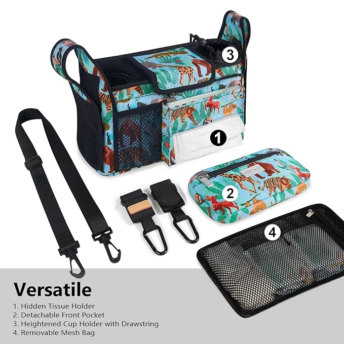 TOPDesign Universal Baby Stroller Organizer, Stroller Caddy with Detachable Mesh Bag & Heightened Insulated Cup Holders & Non-Slip Secure Hooks Accessories, Fits Most Strollers (Tropical Rainforest)-BubblyBeeBaby