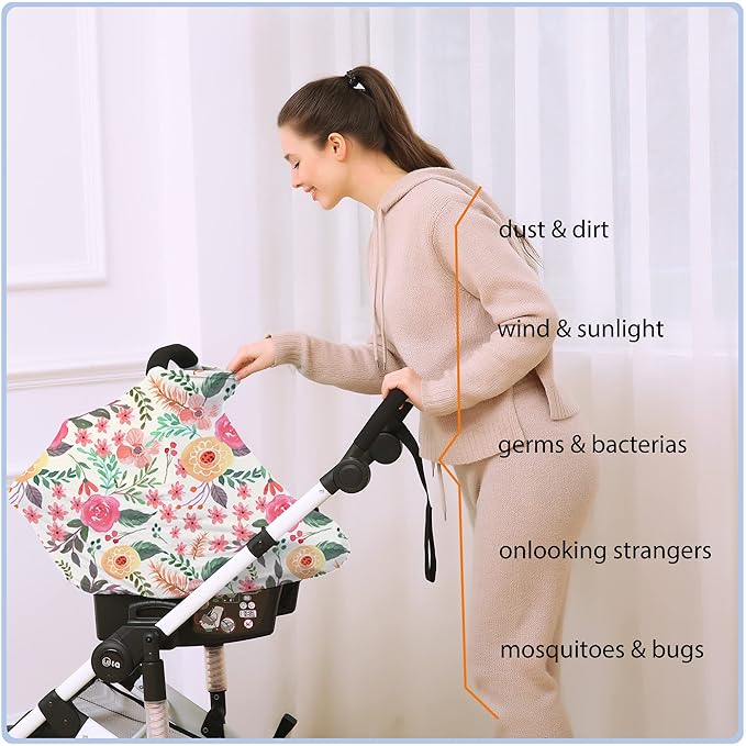 Nursing Carseat Canopy Breastfeeding Cover - Multi-use Stretchy Car Seat Covers for Babies, Baby Shower Gifts (Pink Floral)-BubblyBeeBaby