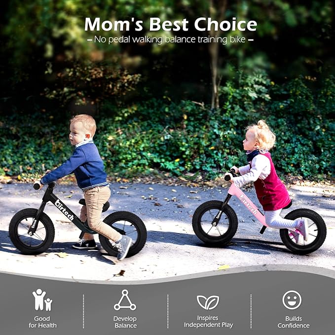 12" Balance Bike for 2, 3, 4, 5 Year Old Boys and Girls, Lightweight Nylon Frame Toddler Training Bike No Pedal Bikes for Kids with Adjustable Seat and Air Tires-BubblyBeeBaby