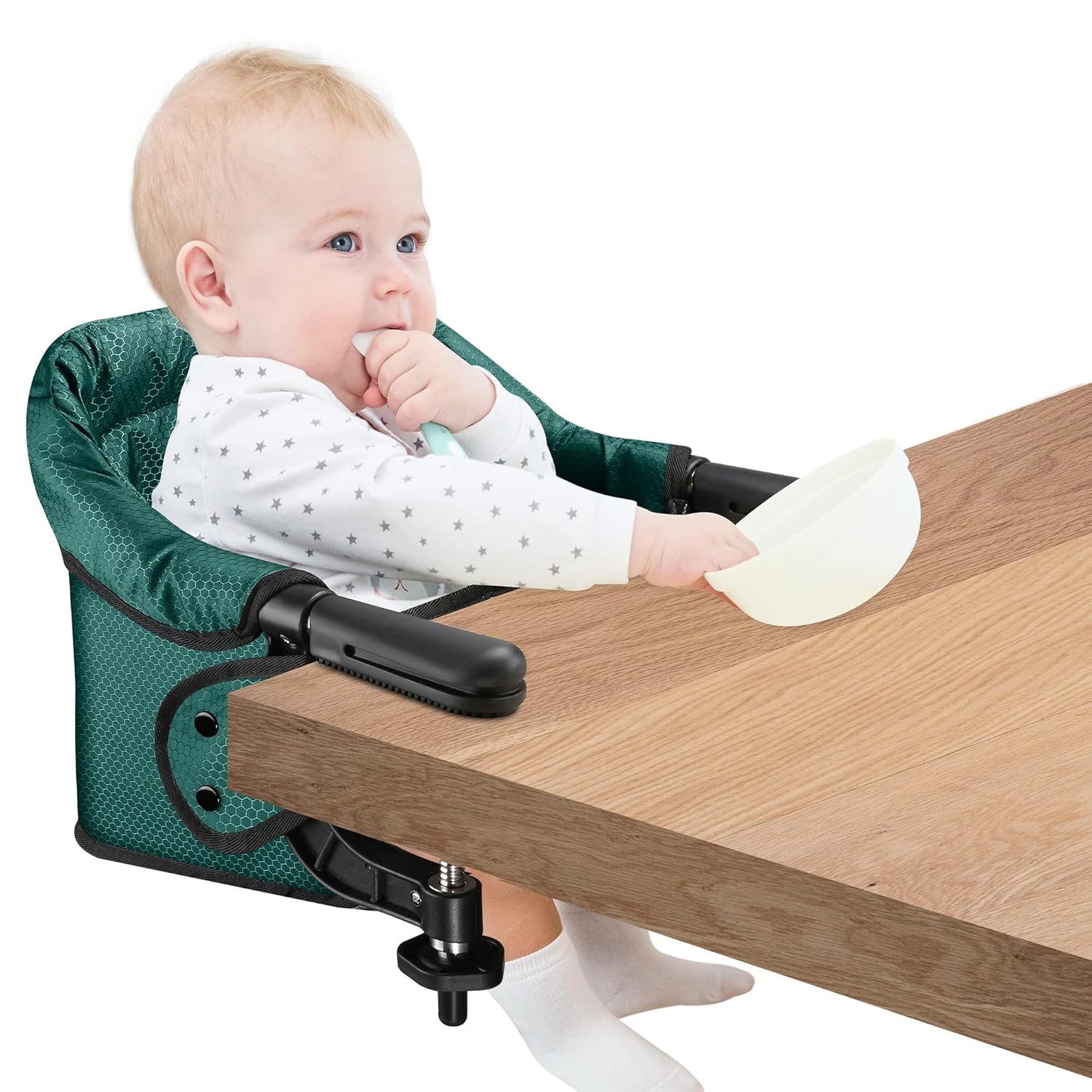 Hook On Chair, Safe and High Load Design, Fold-Flat Storage and Tight Fixing Clip on Table High Chair, Removable Seat Cushion, Attach to Fast Table Chair (Dark Green)