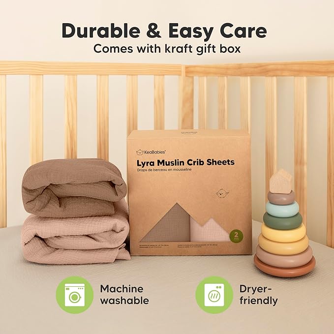 KeaBabies 2-Pack Muslin Crib Sheets for Boys, Girls - 100% Organic Cotton Fitted Baby Crib Mattress Sheet, Soft Breathable Standard Toddler Bed Cover Bedding Set, Neutral, Durable 52x28 (Russet)-BubblyBeeBaby