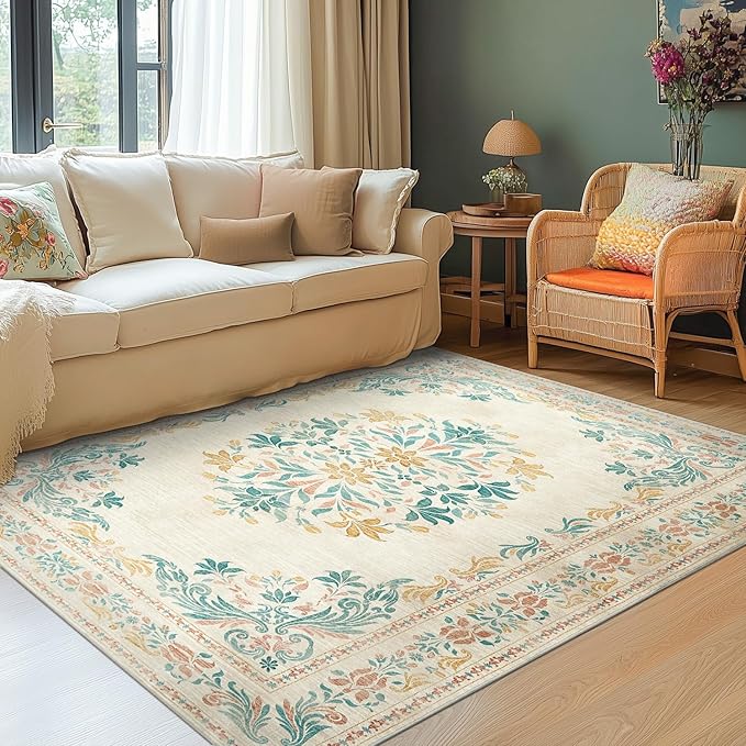 jinchan Floral 4x6 Area Rugs for Nursery - Machine Washable Vintage Distressed Design Soft Ultra-Thin Low-Pile Non-Slip Kids Carpet for Bedroom Living Room Dining Room Home Office (4x6ft,Apricot)-BubblyBeeBaby