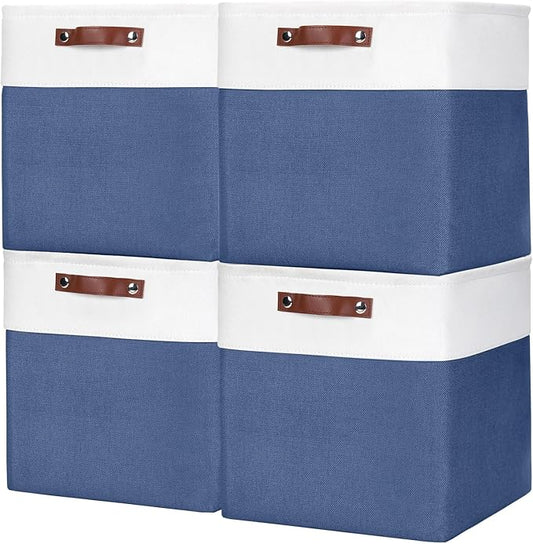 13x13 Cube Storage Bins, Collapsible Fabric Storage Box, 4 Pack Closet Baskets with Handles for Organizing, Shelf, Toys, Clothes, Home, Office, Nursery (NavyBlue&White)-BubblyBeeBaby