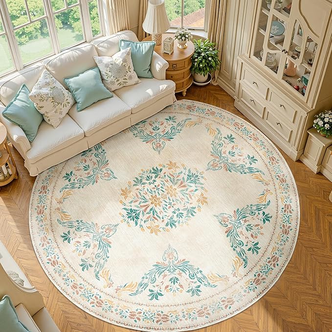 jinchan Round Rug 7ft Area Rugs,Vintage Floral Distressed Design Machine Washable Soft Non-Slip Low-Pile Ultra-Thin Circle Rug for Living Room Dining Room Bedroom Home Office (7' Round,Apricot Multi)-BubblyBeeBaby