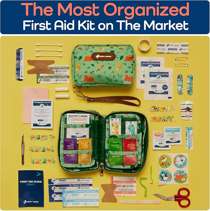 KeepGoing Travel First Aid Kit for Kids – 130 Pc. for Car, Home, Purse, Diaper Bag & Backpack with Latex-Free Bandages - Mini First Aid Kit Travel Size TSA-Approved-BubblyBeeBaby