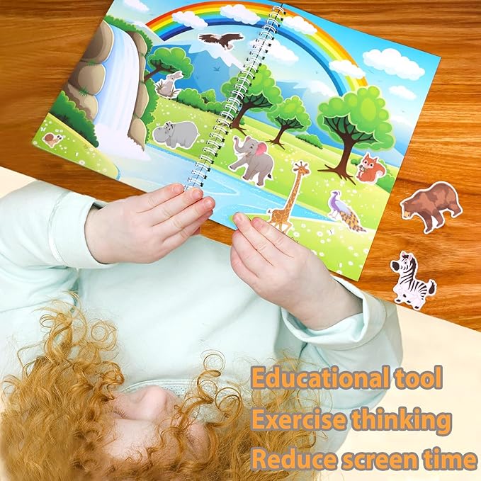 Jelly Sticker Book for Kids 2-4 Travel Essentials, Reusable Sticker Book + 8 Scenes + 2 Matching Games + 51 Large Animal Stickers for 1-3 Toddler Activities (Animals)-BubblyBeeBaby