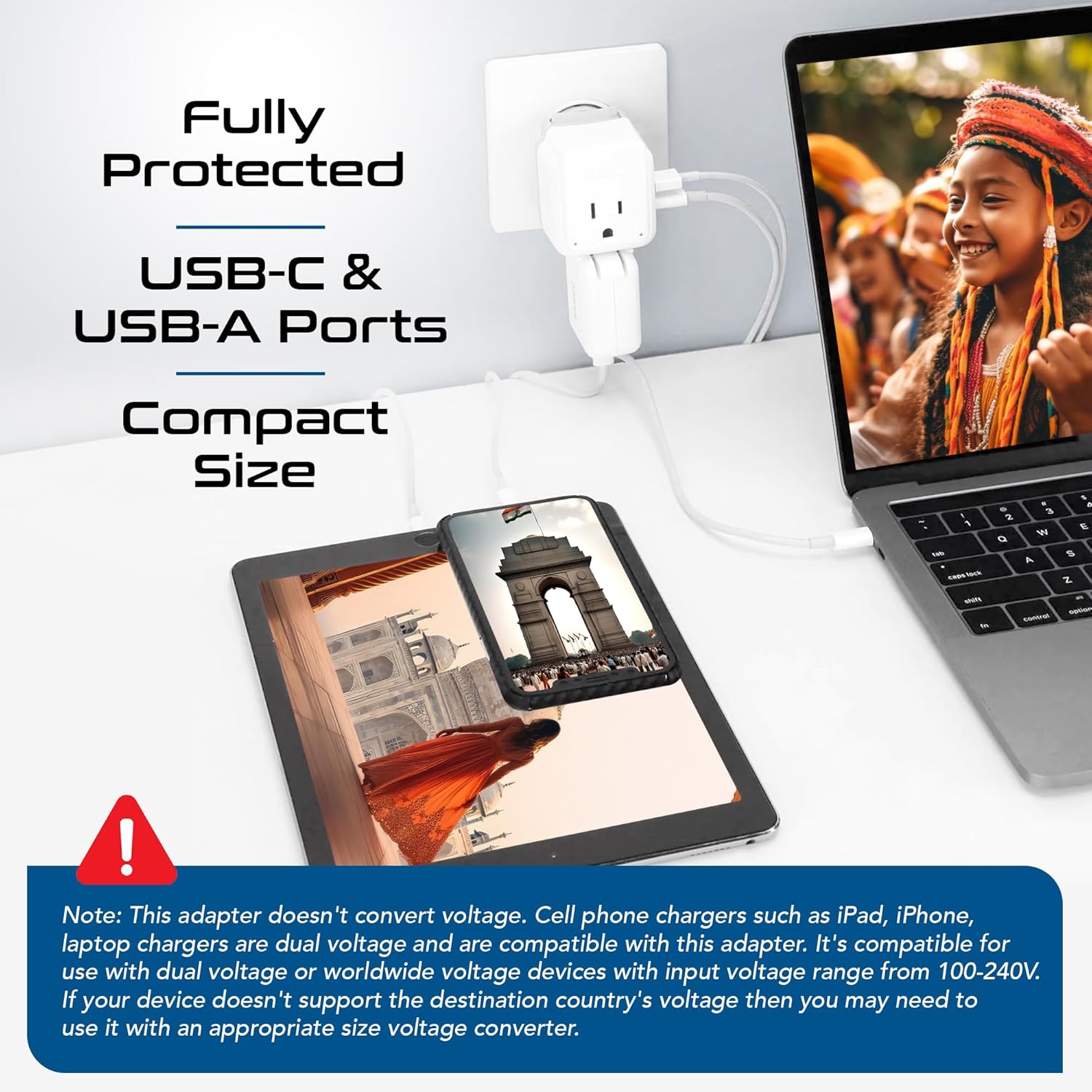 Ceptics India, Maldives Power Plug Adapter Travel Set, 20W PD & QC, Safe Dual USB & USB-C 3.1A - 2 USA Outlet - Compact - Use In Pakistan, Nepal, Bangladesh Includes Type D, Type C SWadAPt Attachments
