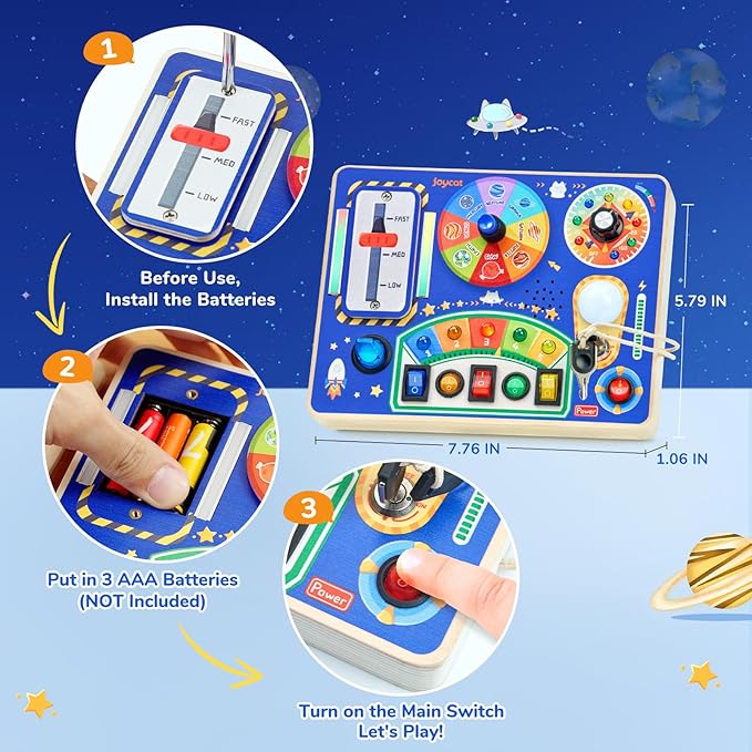 JoyCat Busy Board with Led Light, Toddler Toys for 1 2 3 4 Year Old Boys and Girls, Wooden Sensory Toys with Music, Travel Toy for Toddlers 1-3, Birthday Presents (Blue)-BubblyBeeBaby