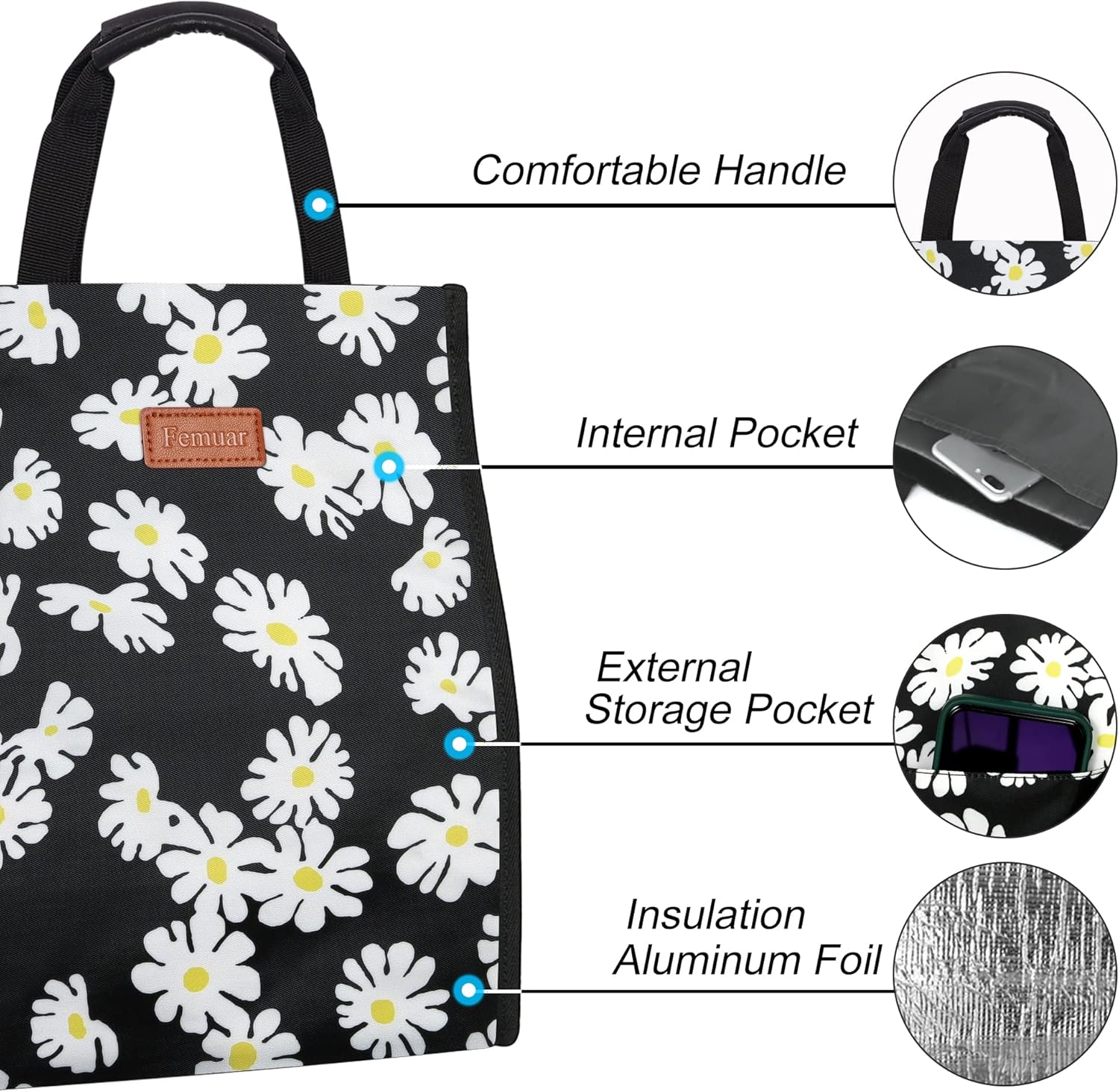 Lunch Bags for Women Insulated Reusable Lunch Tote with Internal Pocket, Lunch Tote bag for Work（Daisy）