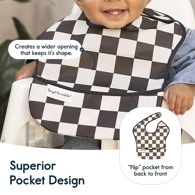 Tiny Twinkle Mess-Proof Baby Bib - Waterproof Bib for Baby Boy or Girl - Machine Washable - Adjustable Closure - PVC, BPA, & Phthalate Free - Great for Travel - Baby Food Bibs (3 Pack, Checkers Boy)-BubblyBeeBaby
