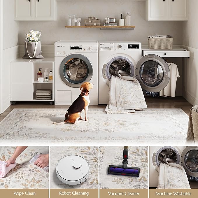 jinchan Hallway Runner Rug 2x8 Vintage Floral Distressed Design - Machine Washable Non-Slip Low-Pile Soft Thin Faux Wool Kitchen Carpet for Farmhouse Bedroom Laundry Room(2x8ft,Light Grey)-BubblyBeeBaby